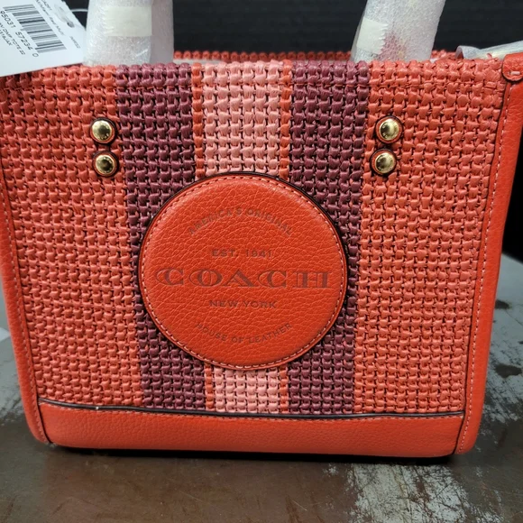 NWT Coach Dempsey Straw Leather Tote 22 with Coach Patch Miami Red CA291 - Picture 4 of 10